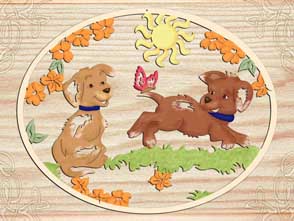 Holznischel Fensterbild Spielende Hunde, farbig 